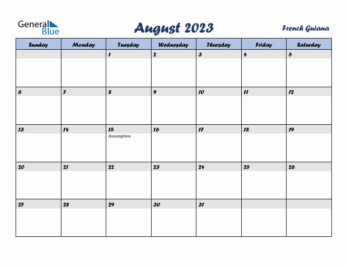 August 2023 Calendar with Holidays in French Guiana