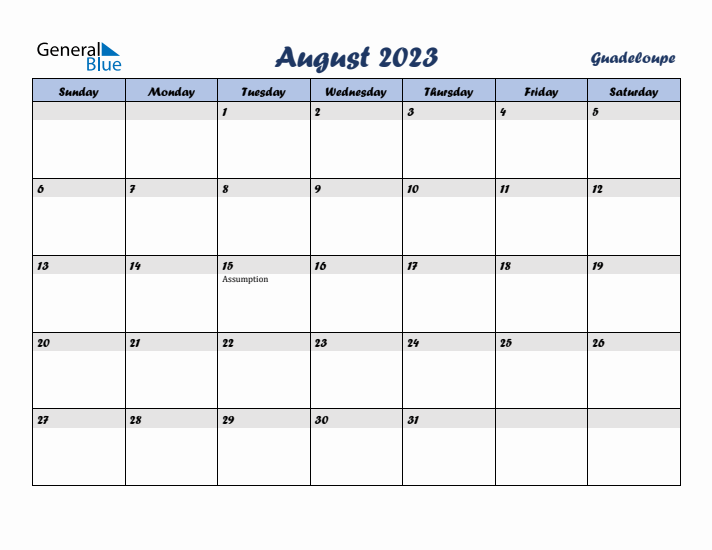 August 2023 Calendar with Holidays in Guadeloupe