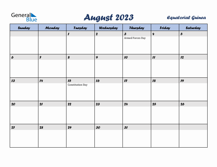 August 2023 Calendar with Holidays in Equatorial Guinea