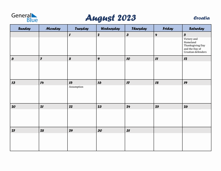 August 2023 Calendar with Holidays in Croatia