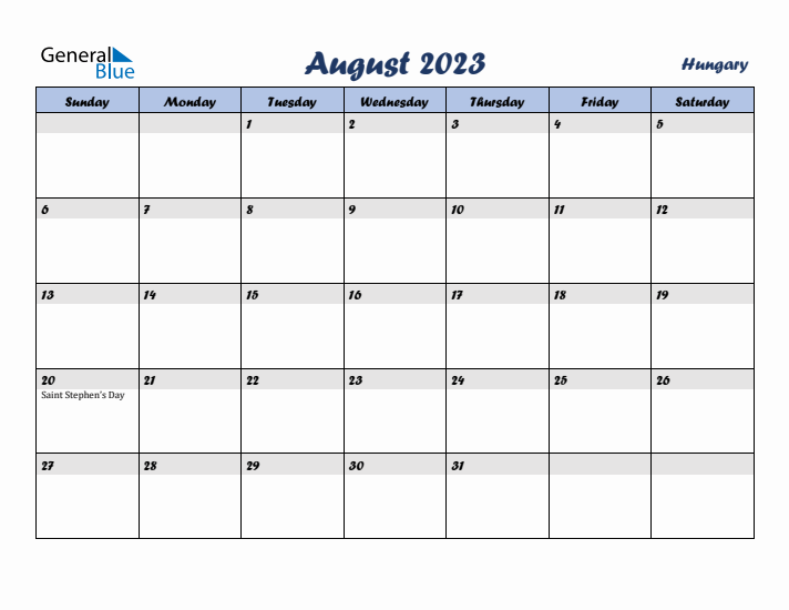 August 2023 Calendar with Holidays in Hungary