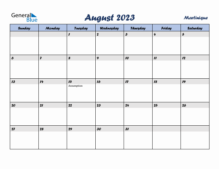 August 2023 Calendar with Holidays in Martinique