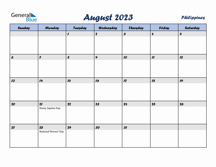 August 2023 Calendar with Holidays in Philippines