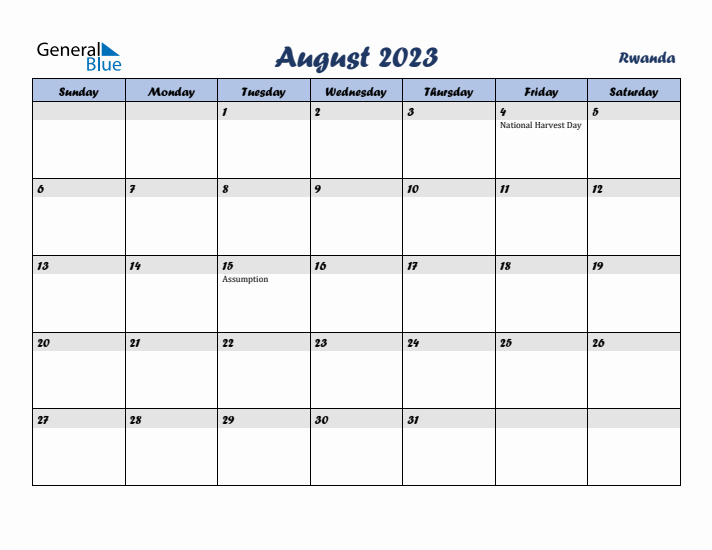 August 2023 Calendar with Holidays in Rwanda