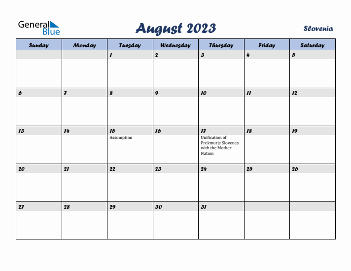 August 2023 Calendar with Holidays in Slovenia