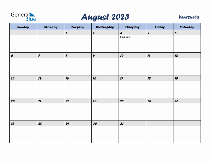 August 2023 Calendar with Holidays in Venezuela