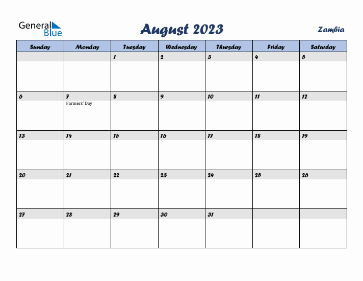 August 2023 Calendar with Holidays in Zambia