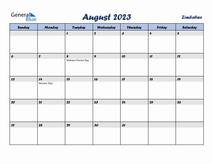 August 2023 Calendar with Holidays in Zimbabwe