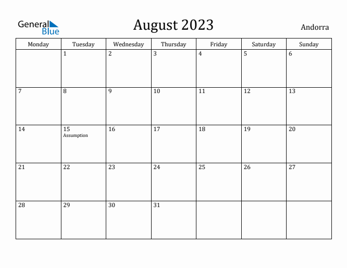 August 2023 Calendar Andorra