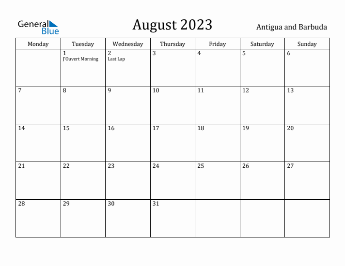 August 2023 Calendar Antigua and Barbuda