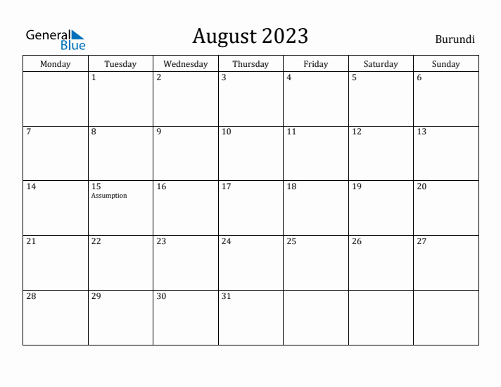 August 2023 Calendar Burundi