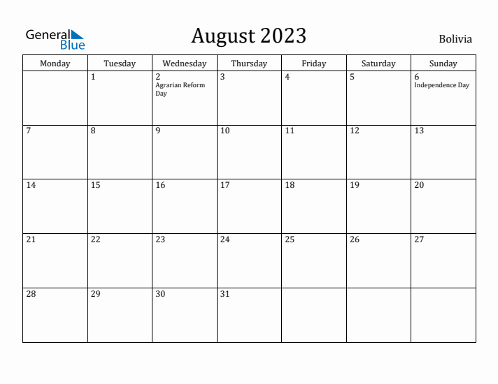 August 2023 Calendar Bolivia