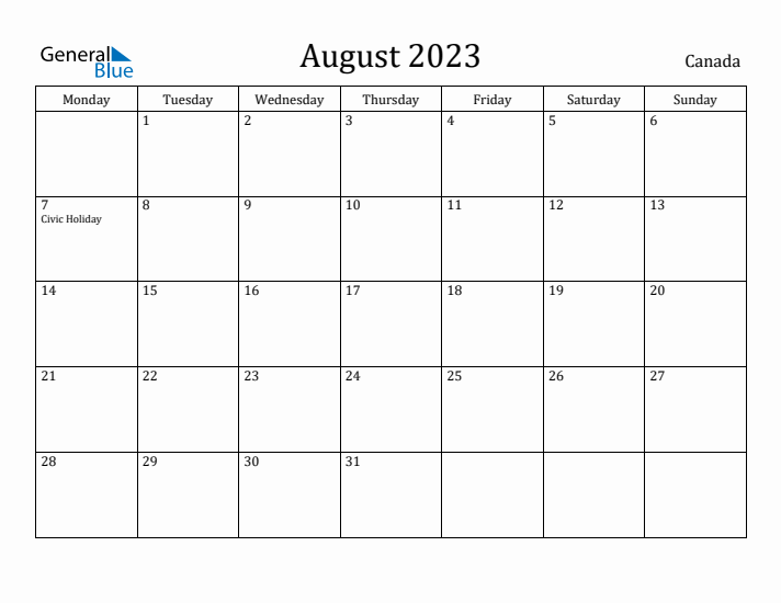 August 2023 Calendar Canada