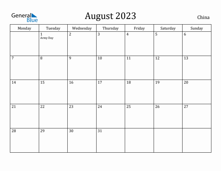 August 2023 Calendar China