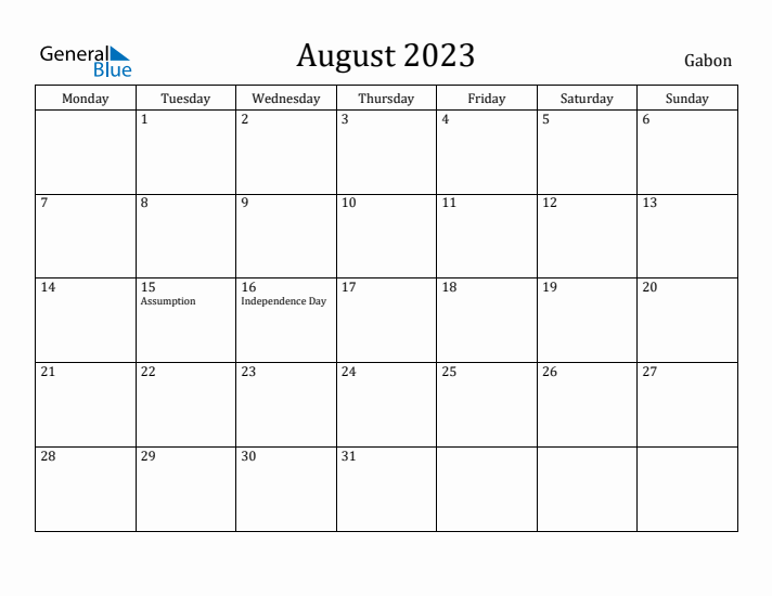 August 2023 Calendar Gabon