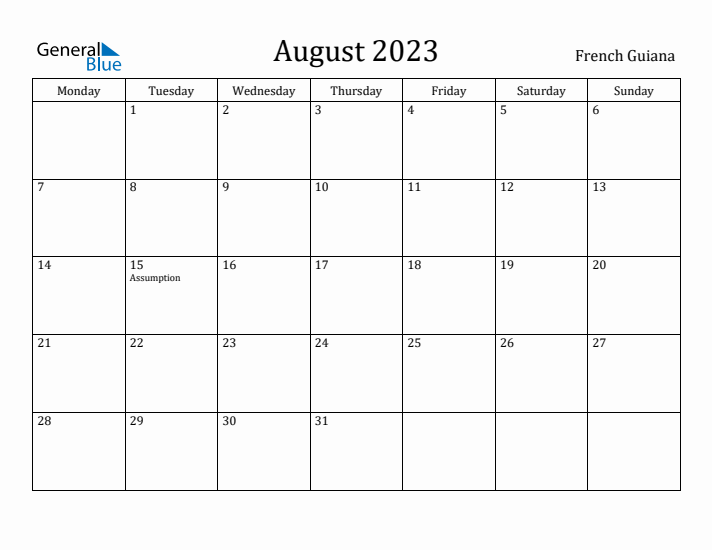 August 2023 Calendar French Guiana