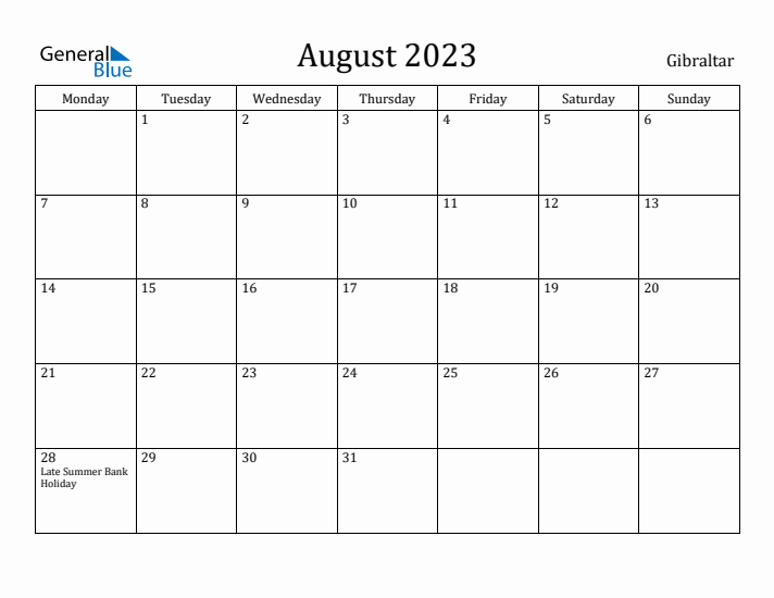 August 2023 Calendar Gibraltar