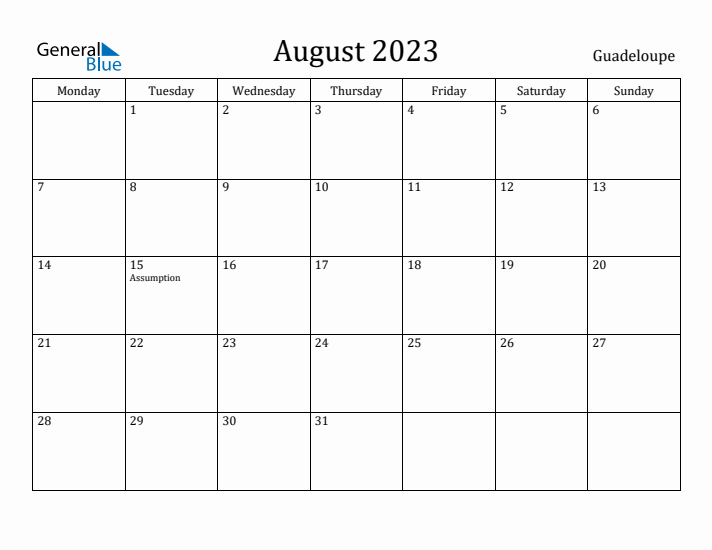 August 2023 Calendar Guadeloupe