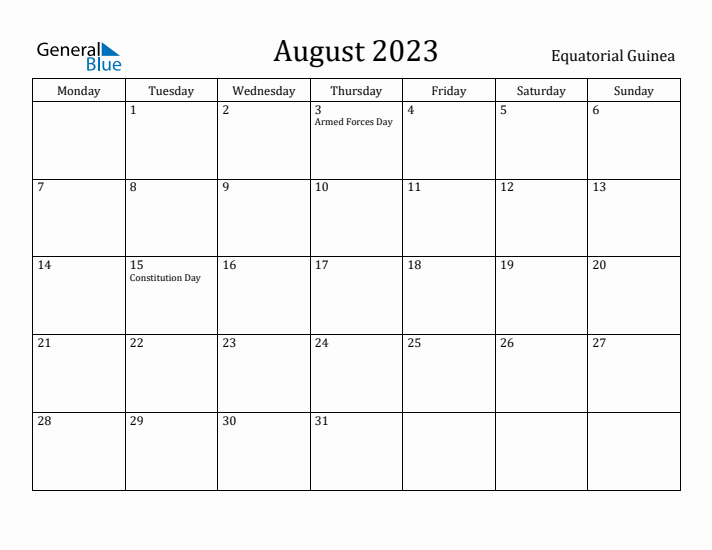 August 2023 Calendar Equatorial Guinea