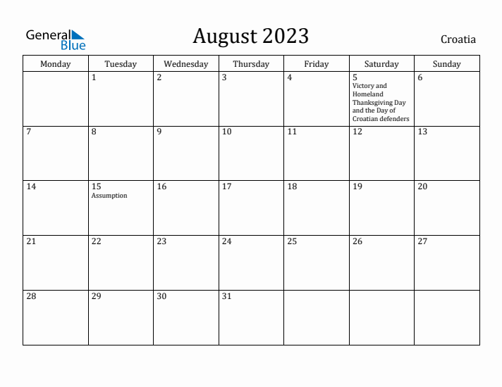 August 2023 Calendar Croatia