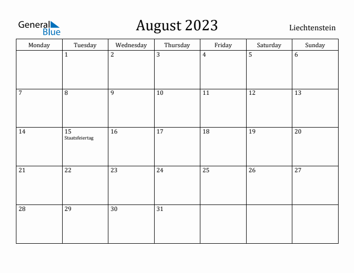 August 2023 Calendar Liechtenstein