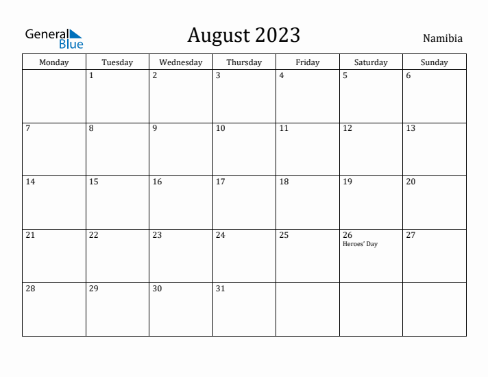 August 2023 Calendar Namibia