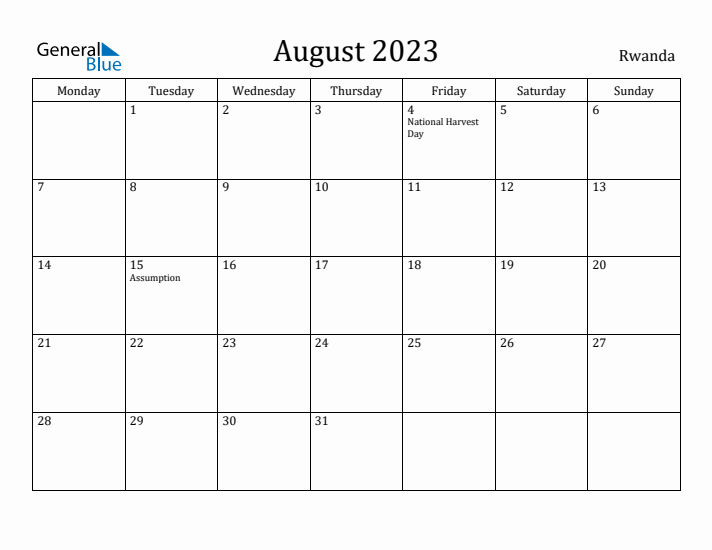 August 2023 Calendar Rwanda