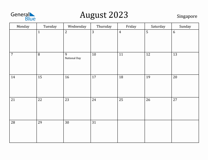 August 2023 Calendar Singapore