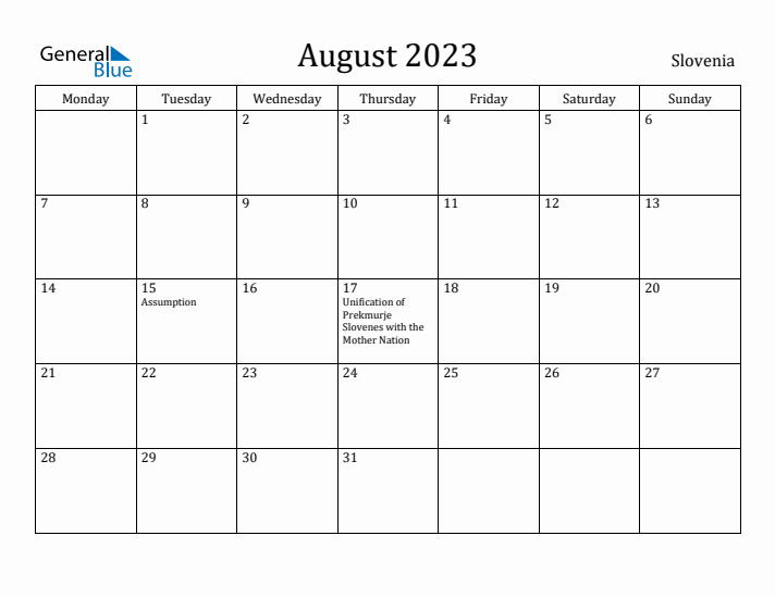 August 2023 Calendar Slovenia