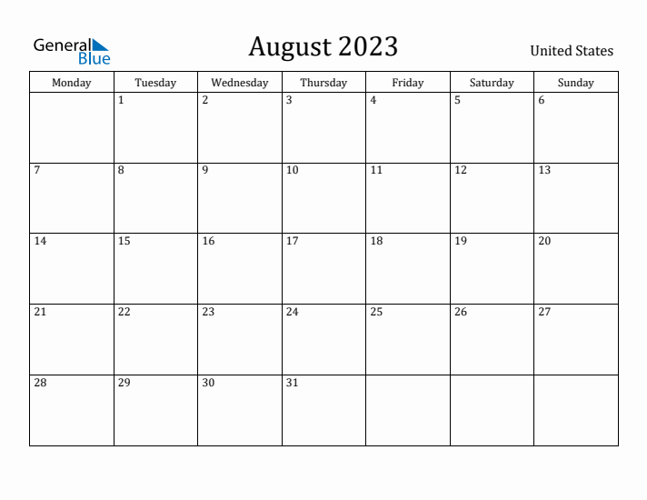 August 2023 Calendar United States