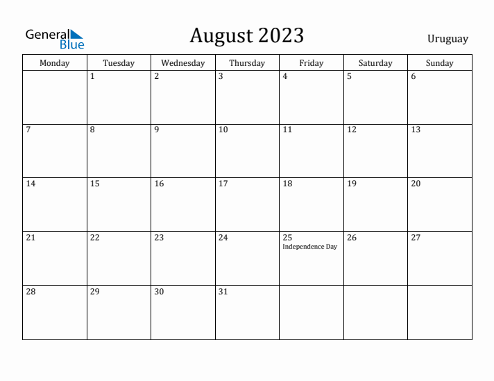 August 2023 Calendar Uruguay