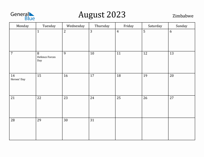 August 2023 Calendar Zimbabwe