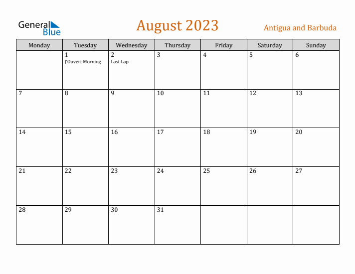 August 2023 Holiday Calendar with Monday Start