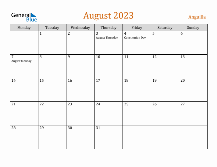 August 2023 Holiday Calendar with Monday Start