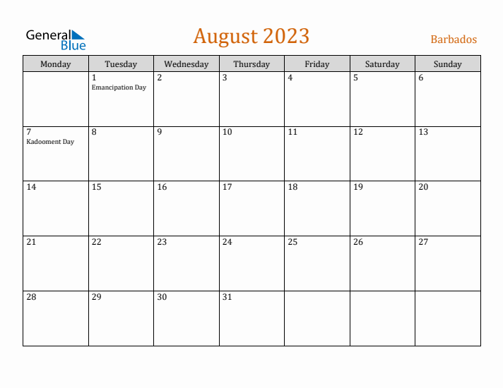 August 2023 Holiday Calendar with Monday Start