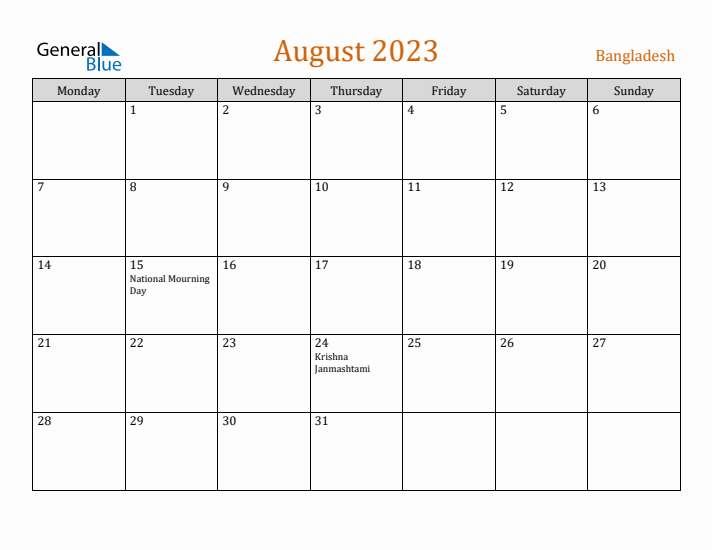 August 2023 Holiday Calendar with Monday Start