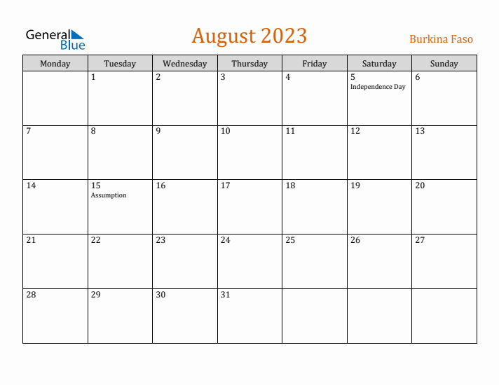 August 2023 Holiday Calendar with Monday Start