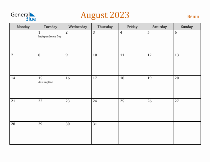 August 2023 Holiday Calendar with Monday Start