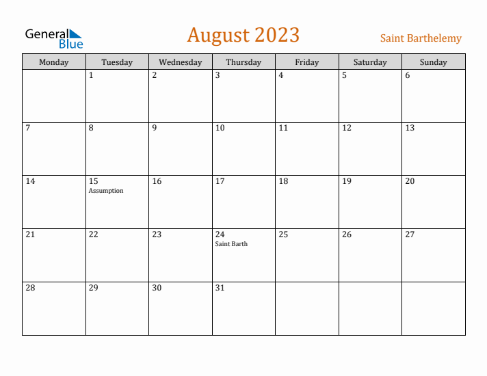 August 2023 Holiday Calendar with Monday Start