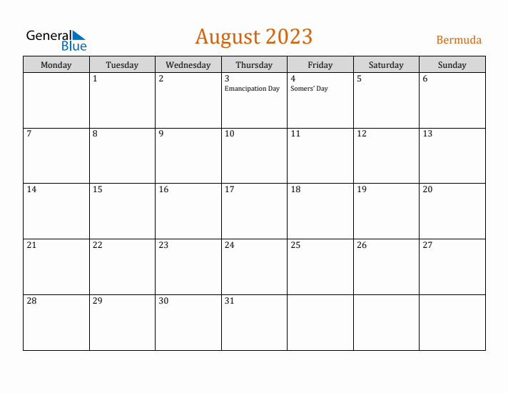 August 2023 Holiday Calendar with Monday Start