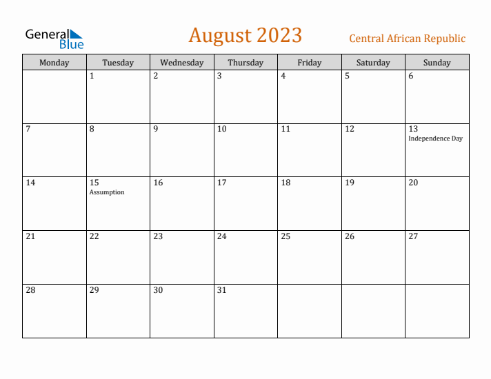 August 2023 Holiday Calendar with Monday Start