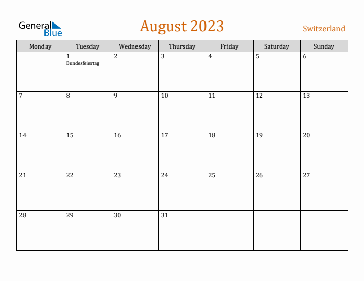 August 2023 Holiday Calendar with Monday Start