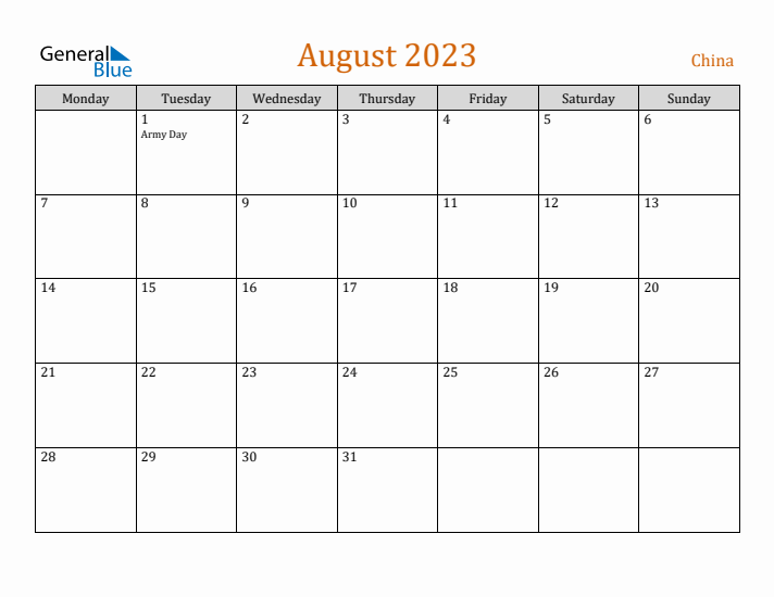 August 2023 Holiday Calendar with Monday Start