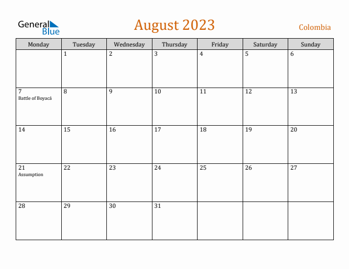 August 2023 Holiday Calendar with Monday Start