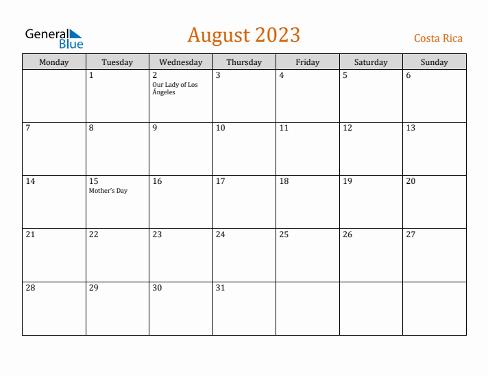 August 2023 Holiday Calendar with Monday Start