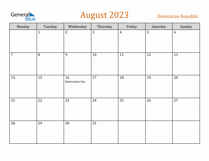 August 2023 Holiday Calendar with Monday Start