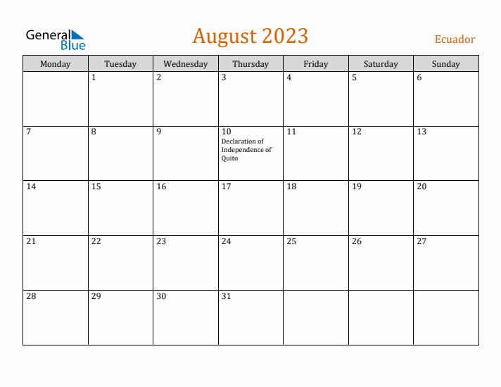 August 2023 Holiday Calendar with Monday Start