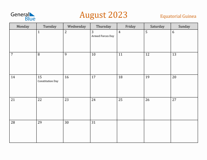 August 2023 Holiday Calendar with Monday Start