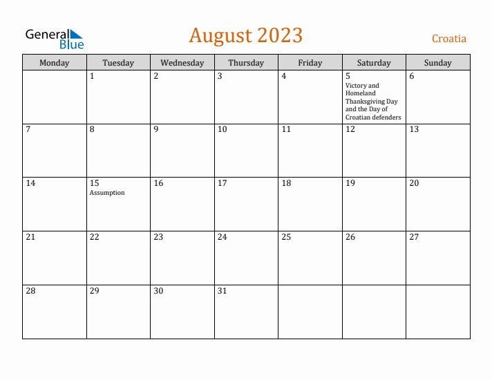 August 2023 Holiday Calendar with Monday Start