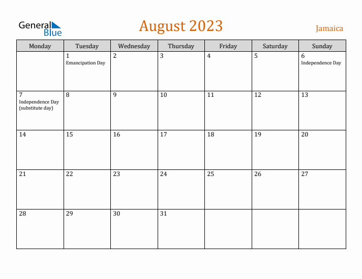 August 2023 Holiday Calendar with Monday Start